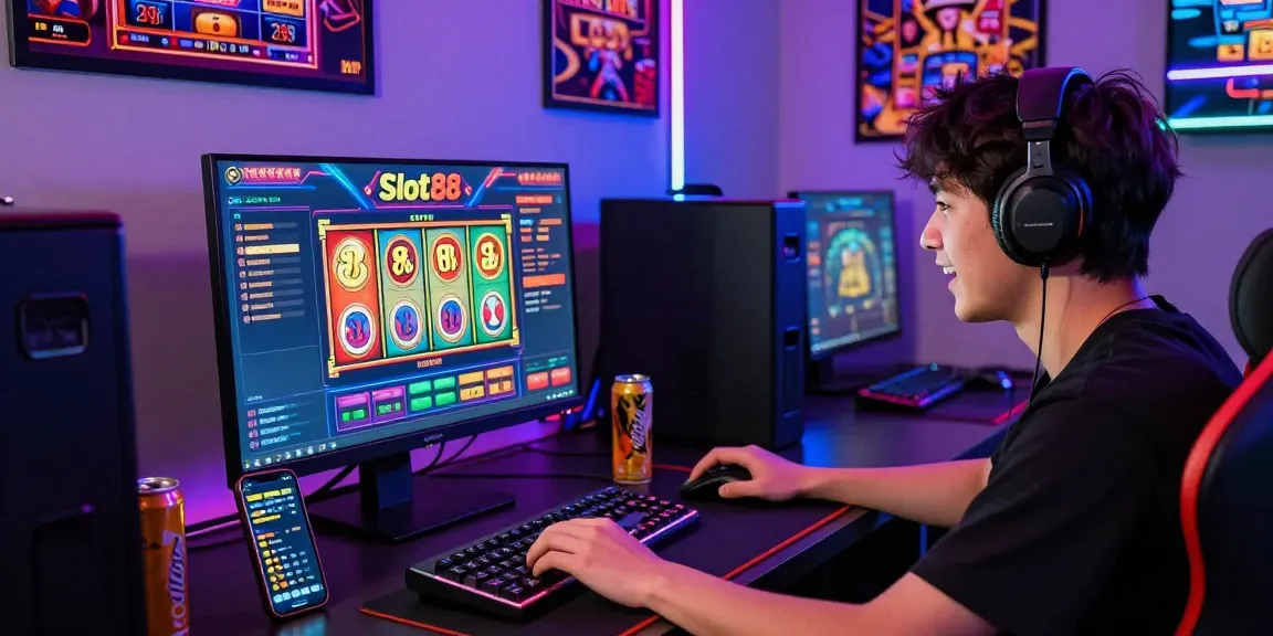 Exciting slot88 gameplay scene with a focused player and colorful gaming setup.