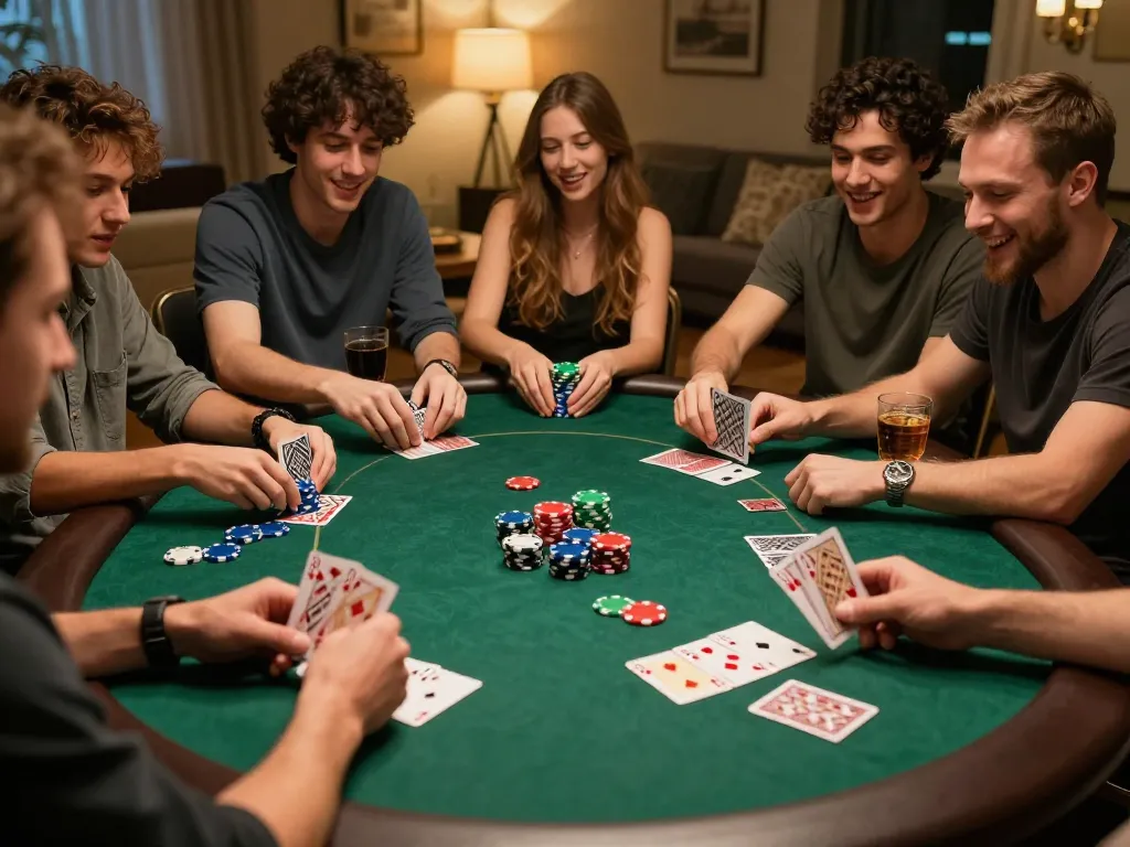 Players discussing keonhacai strategies during an exciting poker game night at home