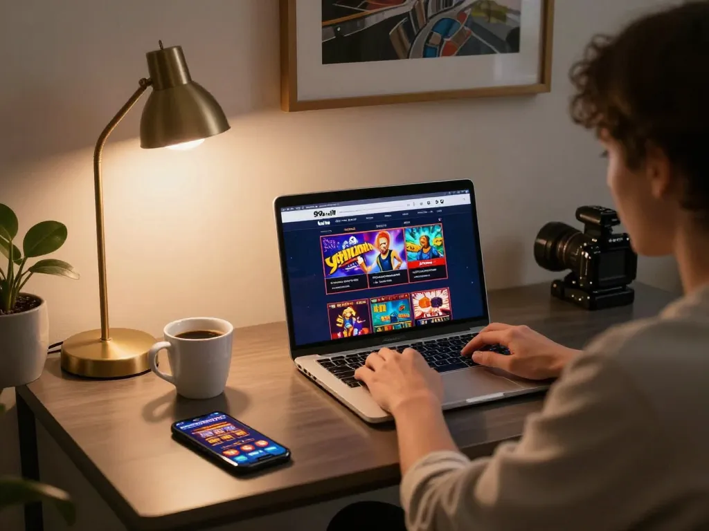 Player engaging with 99win on laptop in a cozy setup, showcasing online gaming