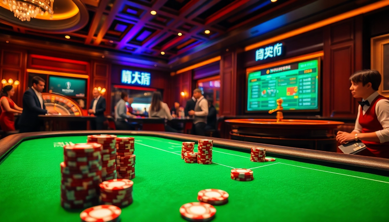 Experience the thrill of แทงบอล at an elegant casino, with vibrant betting tables and excited patrons.
