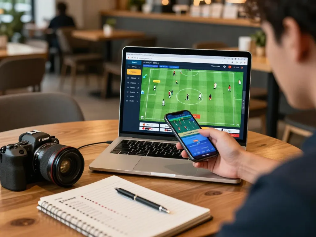 Engaging sports betting strategies on smartphone screen with keo nha cai displayed in a cozy café atmosphere.