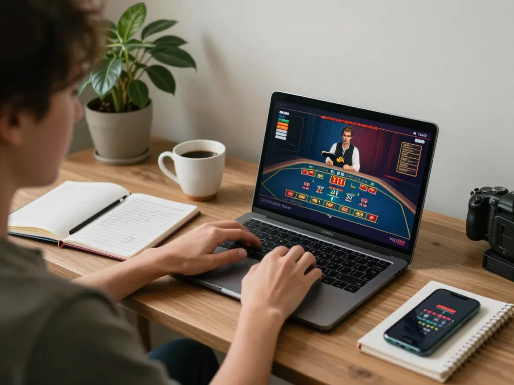 Taisunwin live dealer action on laptop in a stylish home setup, enhancing strategic gameplay.