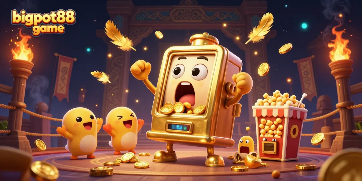 Experience the excitement of bigpot88 game with a vibrant 3D illustration of a golden slot machine hitting the jackpot.