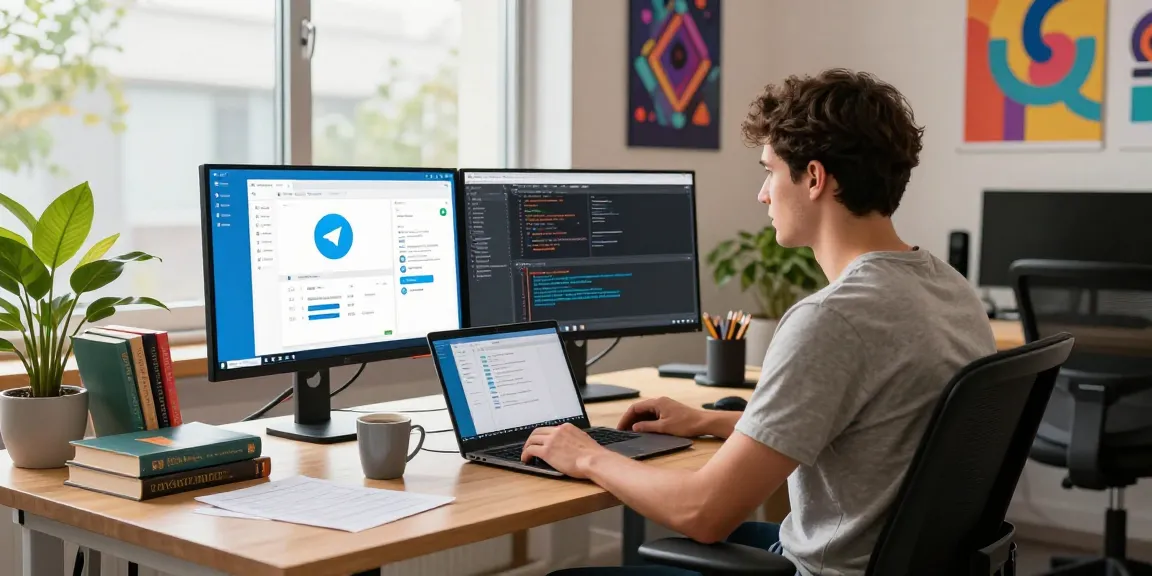Install telegram中文版下载 on a modern tech workspace, featuring dual monitors and collaborative tools.