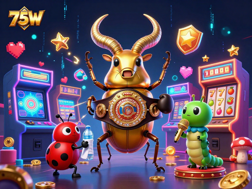 Aposte no 75W: ilustração 3D vibrante de um besouro dourado lutando em um cassino dinâmico.