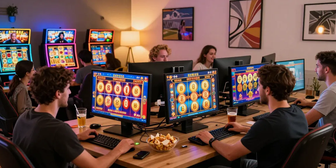 Players enjoying colorful slot games online, celebrating big wins and jackpots.