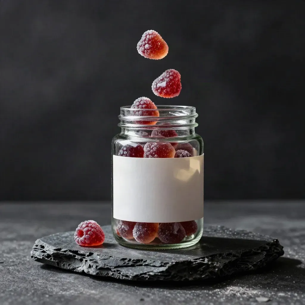 Faceted jar of berry gummies with floating gummies on a dark stone plinth