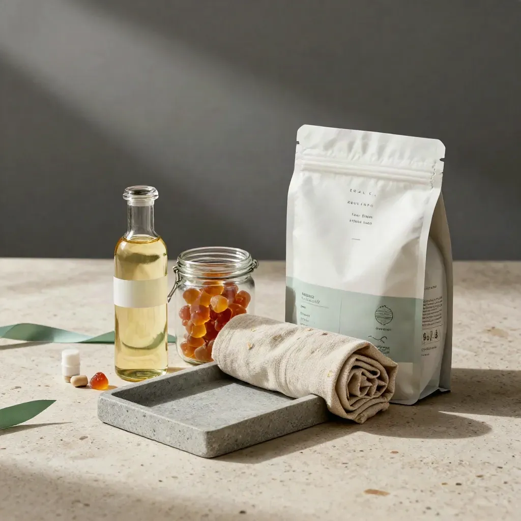 CBD starter bundle with oil, gummies, capsules, linen, and stone tray in soft daylight
