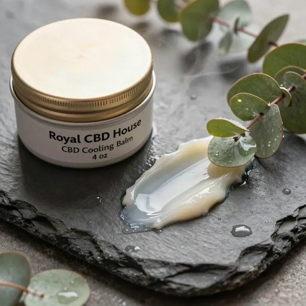 Matte cooling balm tin on wet slate with eucalyptus leaves and condensation, seen from above.