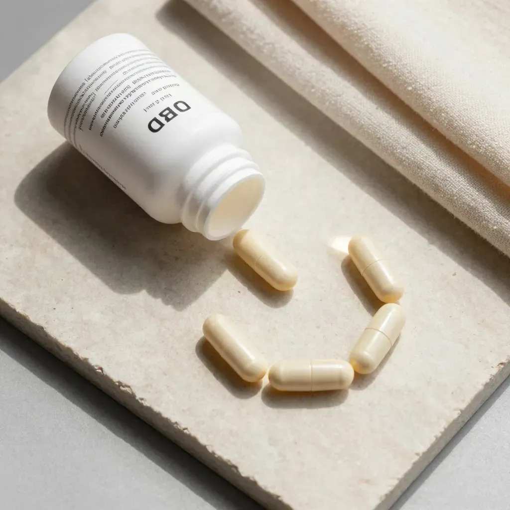Overhead flatlay of sleep softgels, open bottle, cap and folded wool cloth on pale stone.
