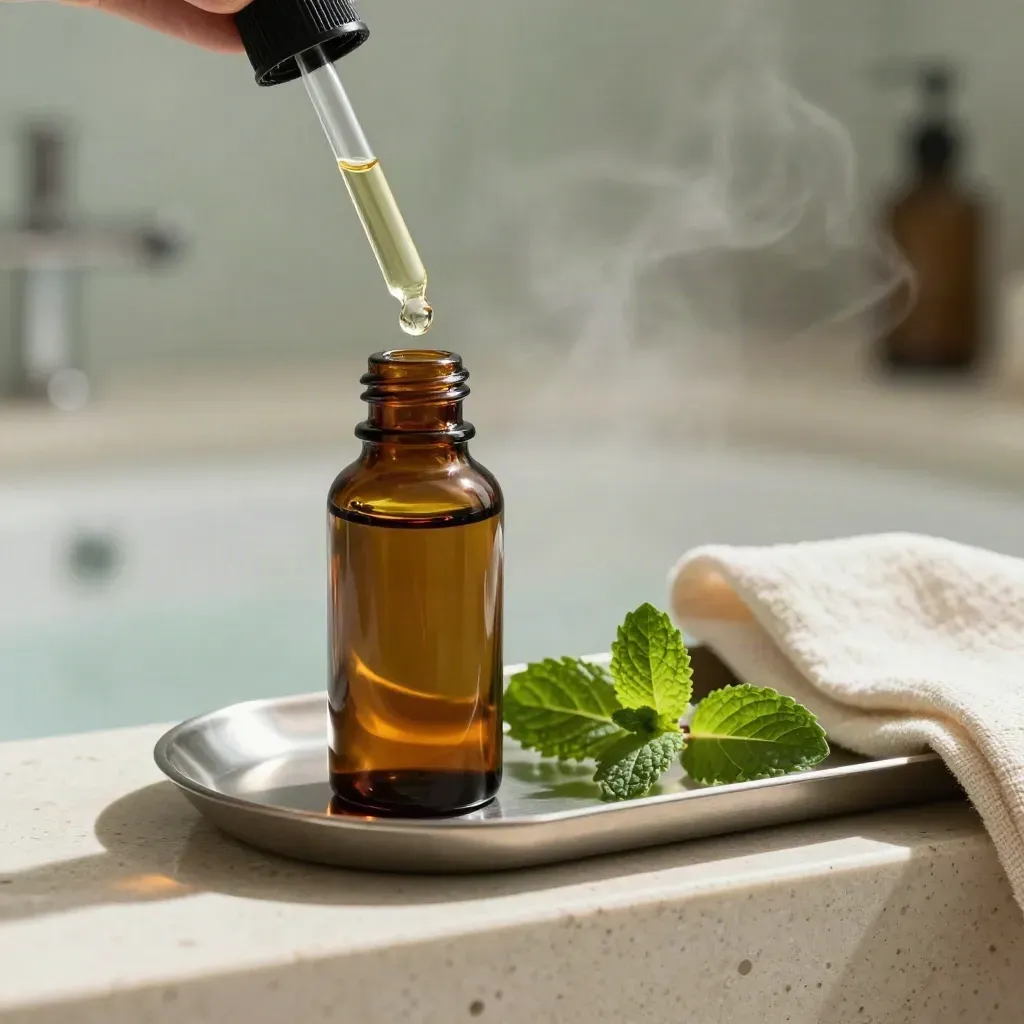 CBD oil bottle with pipette, mint leaf, and steel tray on a travertine spa shelf.