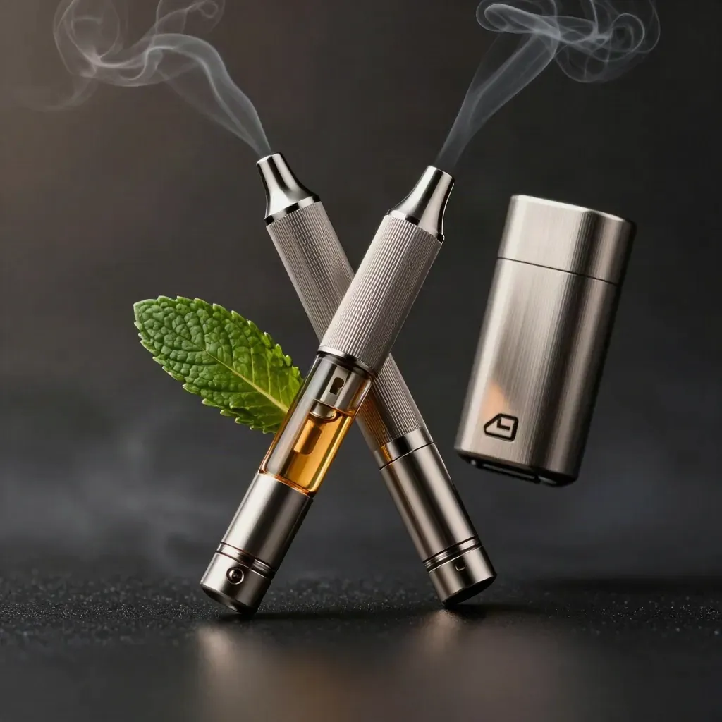 Two vape cartridges crossing in midair with a mint leaf and metal case on a dark studio surface.