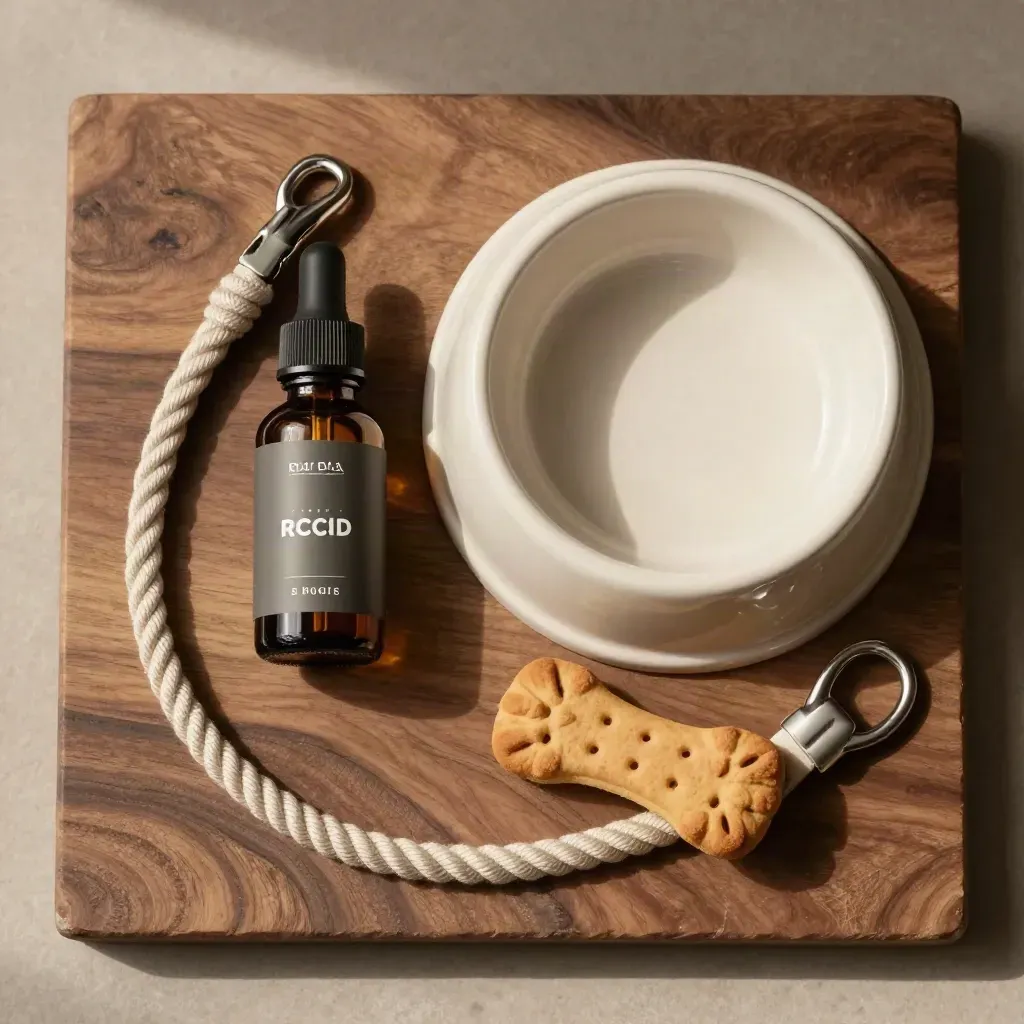Dog CBD oil bottle beside ceramic bowl, rope leash and chew on warm stone flat lay.