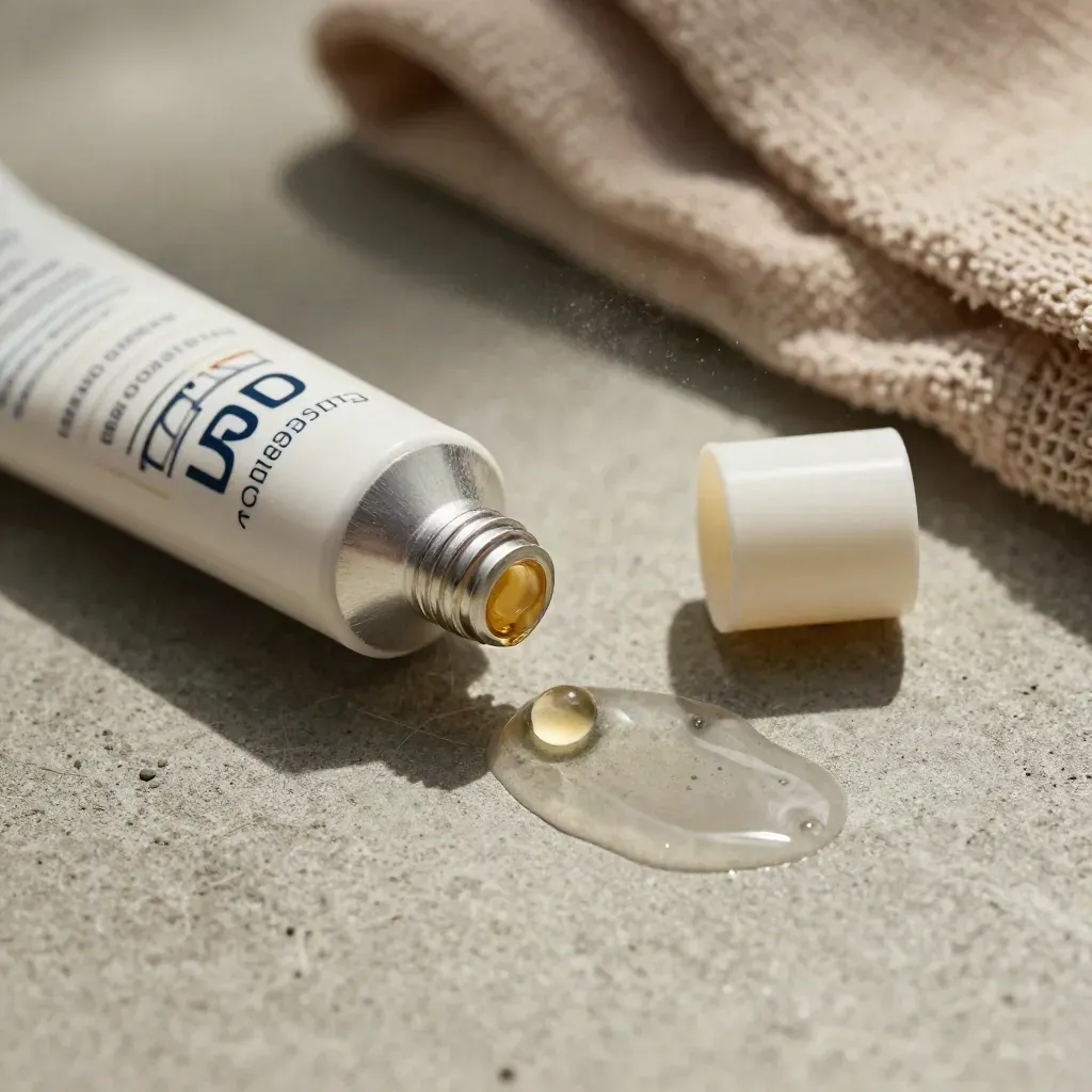 Macro of a CBD recovery gel tube, open cap, gel smear, concrete and gym towel in hard light.