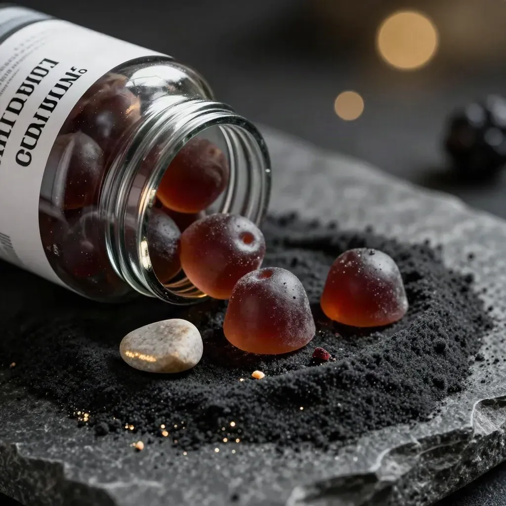 Macro of dark glass CBD gummies jar with velvet, berry gummies, and a stone pebble