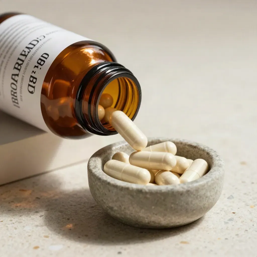 Amber CBD capsule bottle pouring capsules into a small stone bowl on travertine.