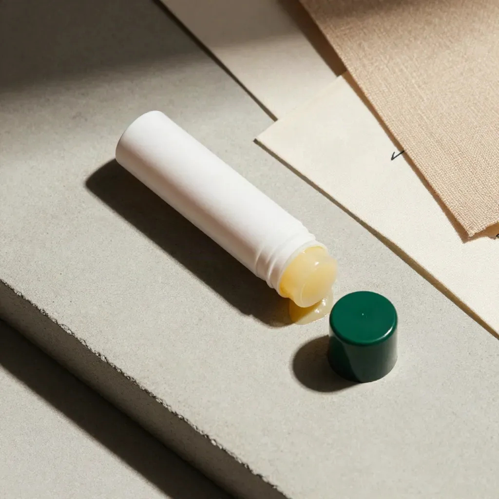 Overhead flatlay of a travel-size CBD rub stick, linen paper and unmarked card on pale concrete.