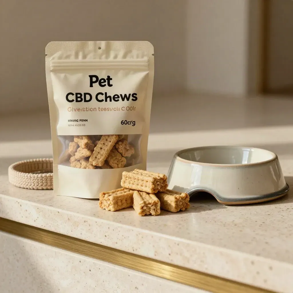 Plain pouch of pet CBD chews beside a ceramic dog bowl and knit collar loop on travertine.