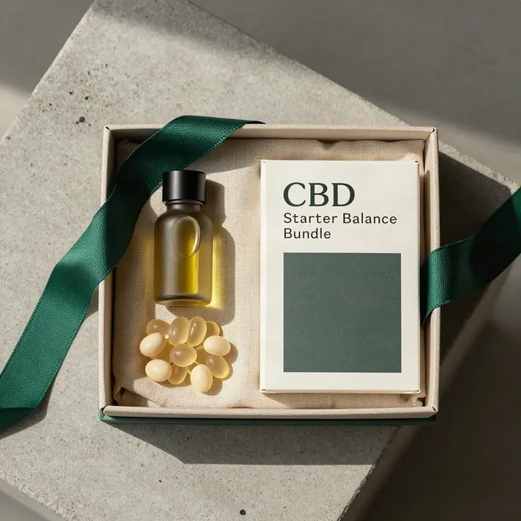 Overhead CBD starter bundle in an open linen-lined box with oil, gummies and softgels.