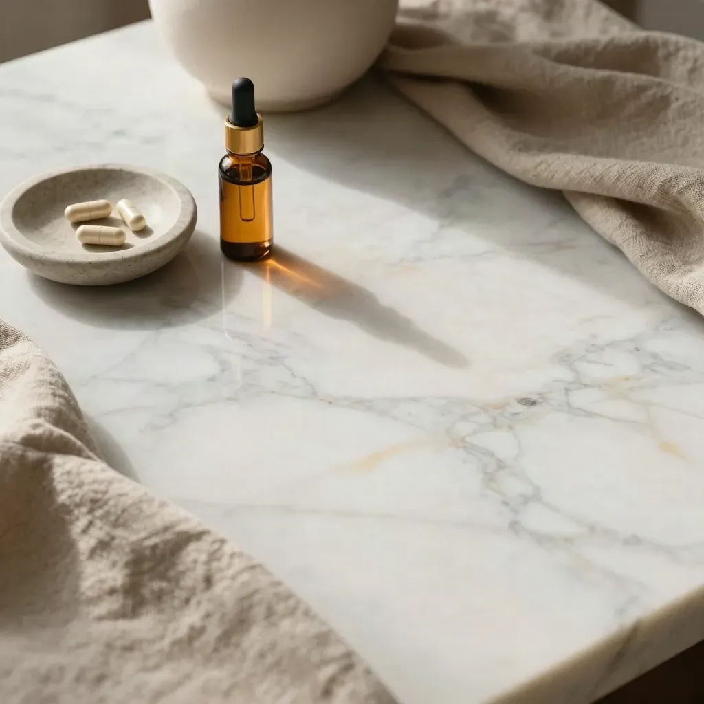 Pale marble sleep-support scene with linen drape, ceramic vessel, amber CBD bottle and capsules