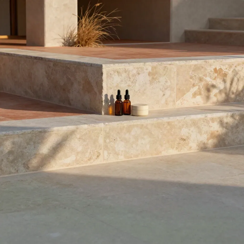 CBD oil and balm on a sunlit stone terrace with grasses and warm shadowed depth