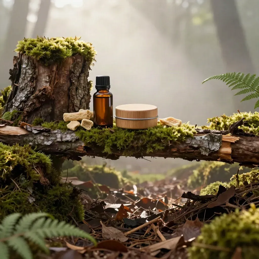 Mossy forest floor with amber pet CBD bottle in mist, bark and fern fronds