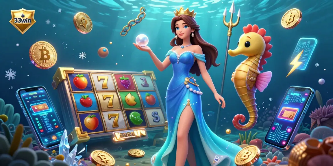 Experience vibrant gameplay at 33win with a stunning underwater casino scene featuring a woman and enchanted seahorse.