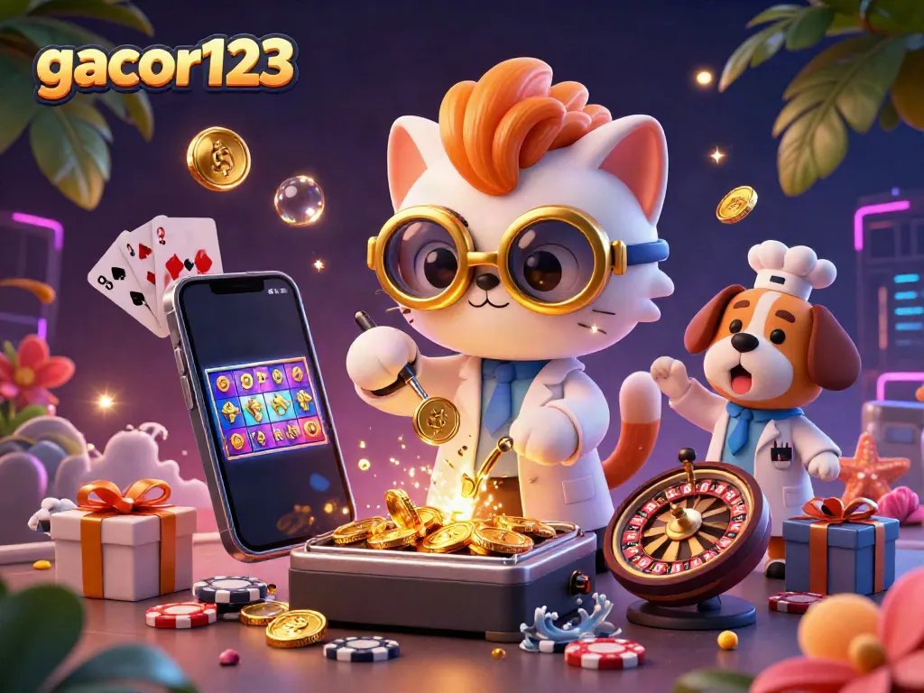 Engage in thrilling gameplay with gacor123 as a mad scientist cat and dog unveil a slot game experience.