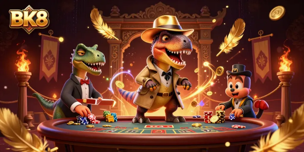 Engage in thrilling games at BK8 while a velociraptor seeks to blend in at the blackjack table.
