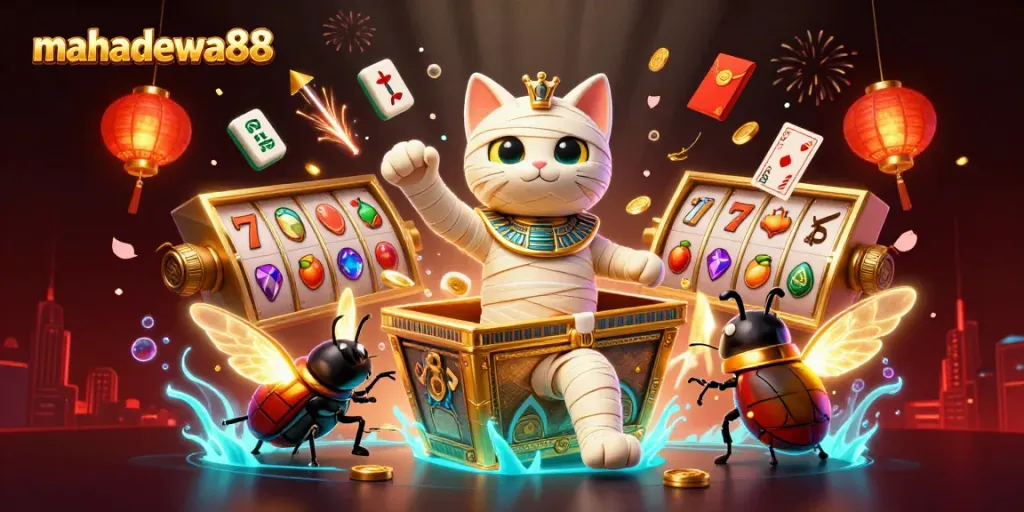 Experience the thrill of mahadewa88 with a vibrant 3D scene featuring a mummy cat amid dynamic casino elements.