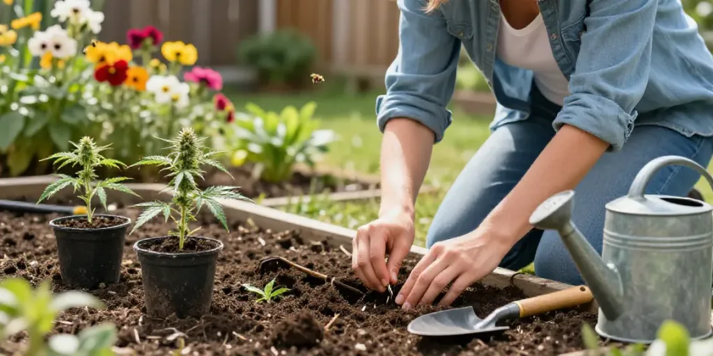 Autoflower Samen kaufen: Person pflanzt Cannabissamen im Garten.