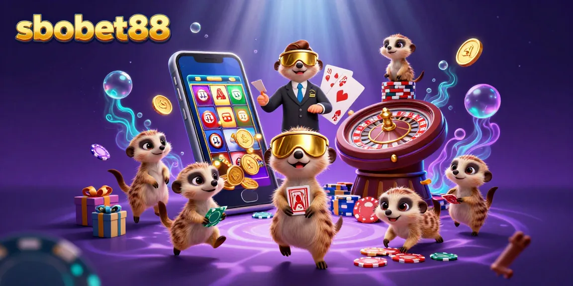 SboBet88 gaming scene with meerkats running a casino, showcasing slot games and poker