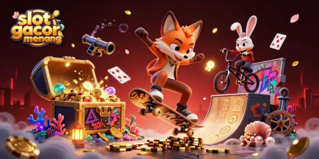 Mainkan slot gacor gampang menang dengan grafis menarik dan simbol kasino dalam ilustrasi 3D.