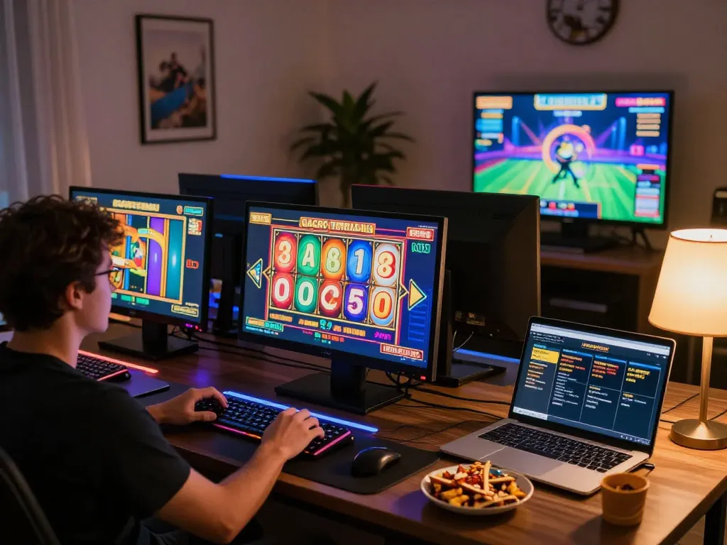 Engaged player enjoying slot gacor terbaru games on multiple screens in a cozy home setup.