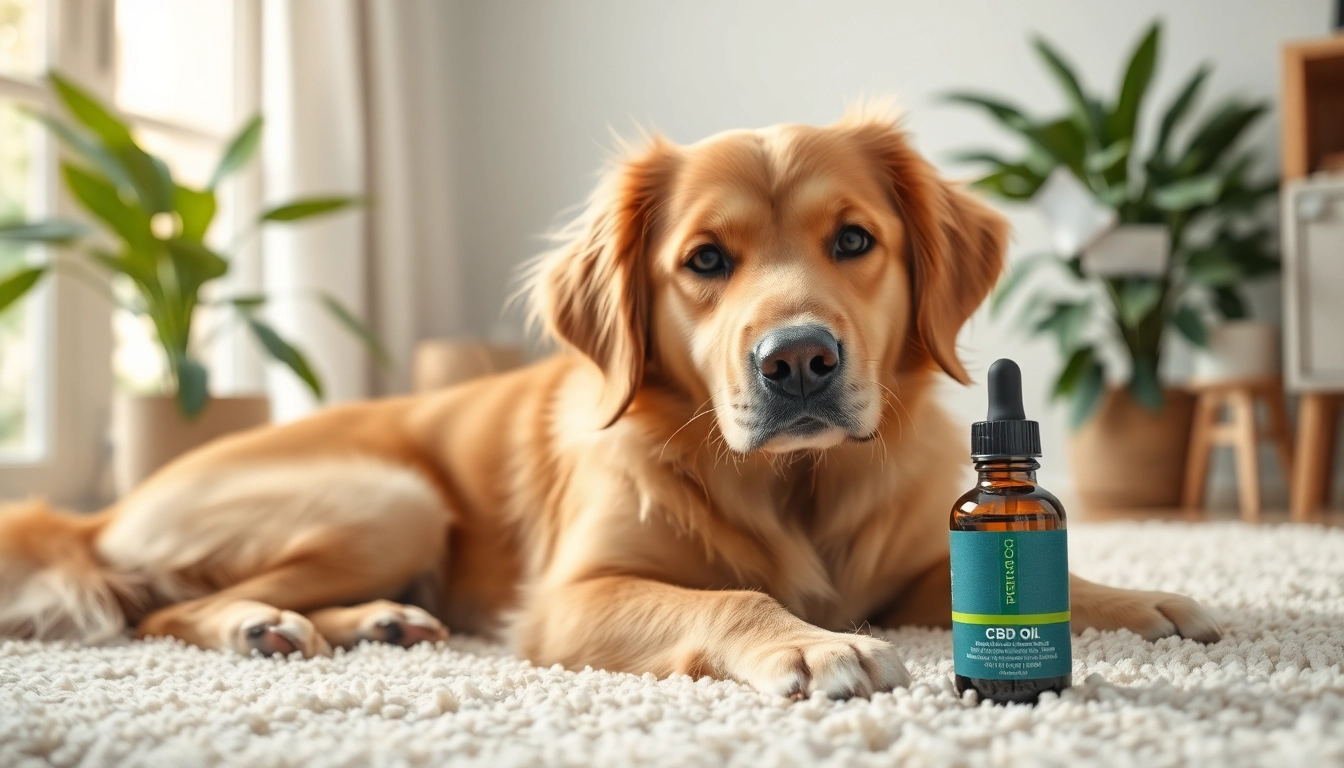 Calm dog with CBD Oil For Dog in a cozy home environment promoting relaxation.