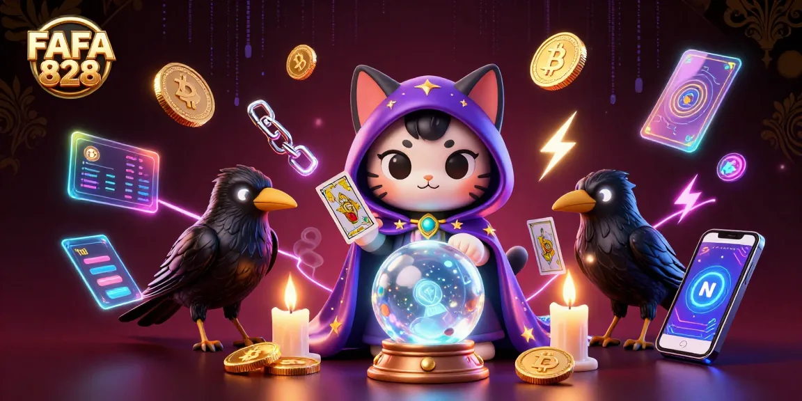 Engage with FAFA 828 in a vibrant 3D casino scene featuring mystical characters and crypto elements.