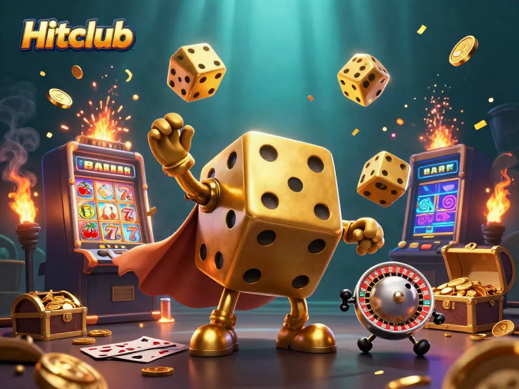 Hitclub's golden dice golem and roulette-ball character immerse players in a vibrant casino scene.