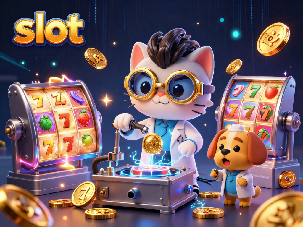 Spin slots for cash prizes in this vibrant 3D casino illustration featuring mad scientist cat.