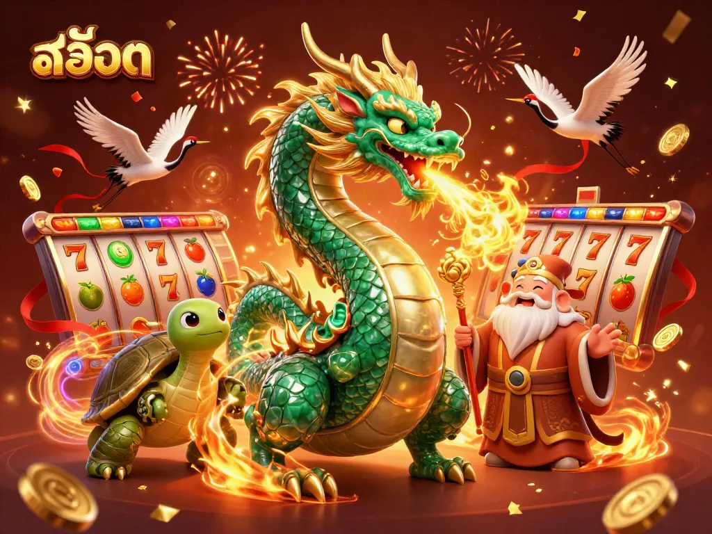 เล่นสล็อตผ่านเกมสล็อตออนไลน์ที่มีตัวละครมังกรสีเขียวและสัญลักษณ์ผลไม้ที่น่าสนใจ