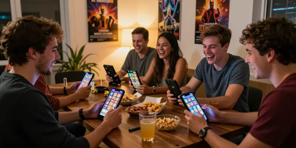 Group of friends playing luxury12 online slots in a cozy setting.