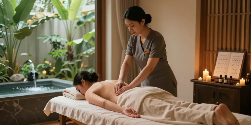 Relaxing 강동구출장마사지 scene in luxurious spa with therapist and massage table.