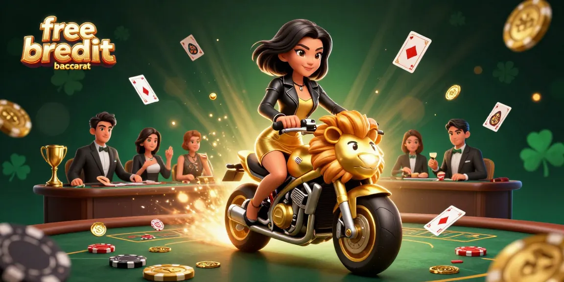 Engage in free credit baccarat with our vibrant 3D illustration of an Asian woman on a golden lion, dynamic casino elements exploding around her.