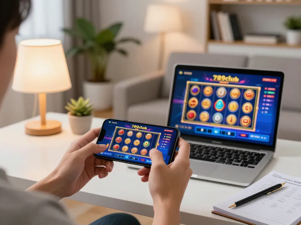 Player enjoying 789club mobile casino app, immersed in vibrant online gaming experience