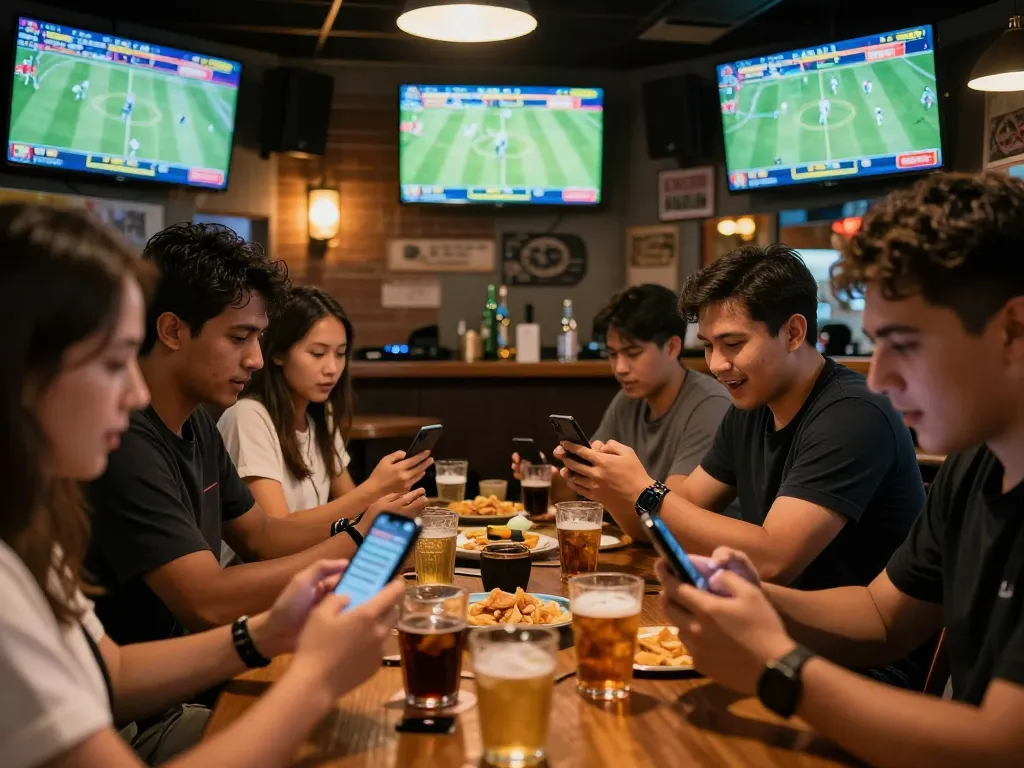 Fans engaging in live sports betting at a sports bar, showcasing kèo nhà cái enthusiasm and excitement.