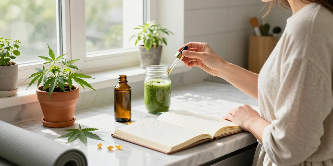 Ministryofcannabis CBD oil and natural wellness ambiance in a bright kitchen with fresh hemp and healthy ingredients.