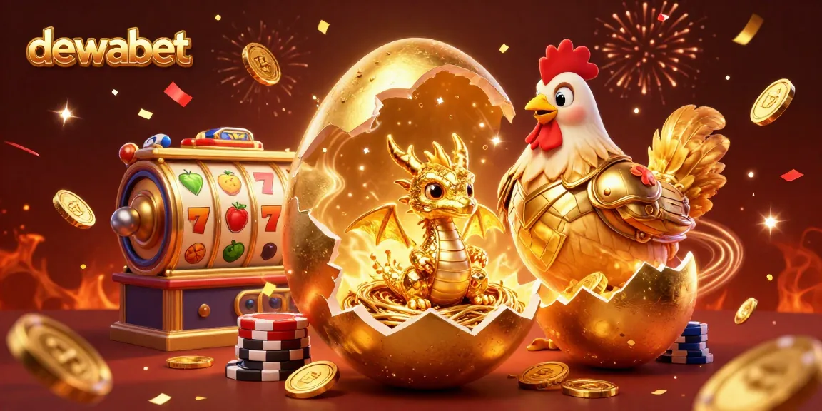 Permainan slot dan taruhan di dewabet dengan simbol beruntun dan chip poker bersinar.
