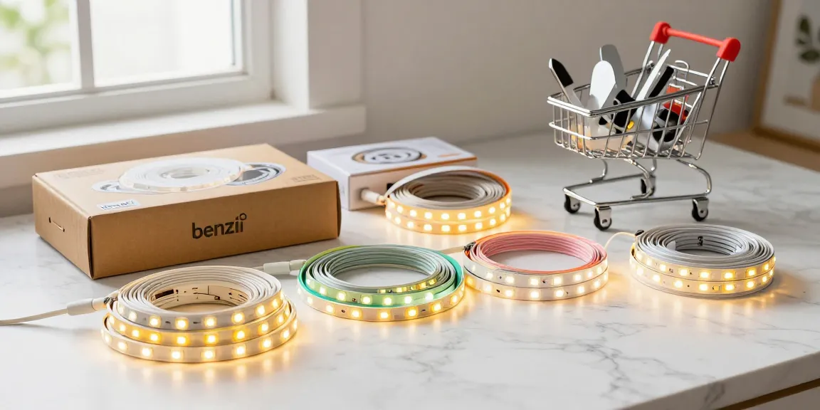 Benzile LED de calitate prezentate într-un decor e-commerce, ideal pentru recenzarea produselor online.