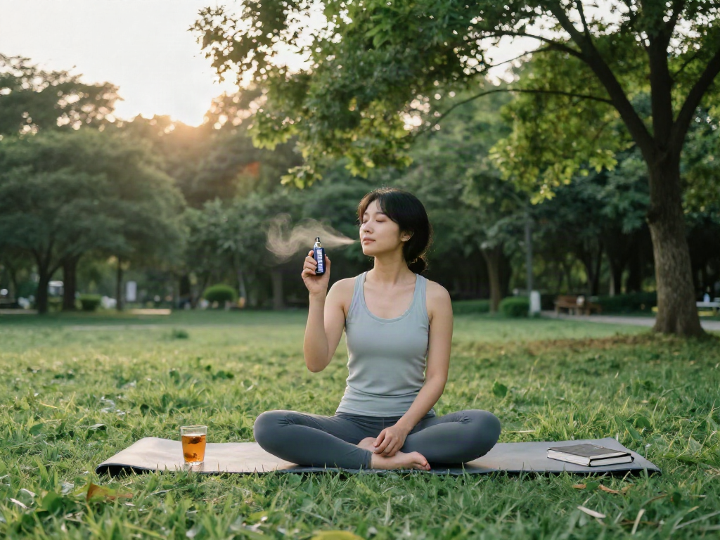 Muha Meds vape device in outdoor wellness scene highlighting relaxation with CBD oil