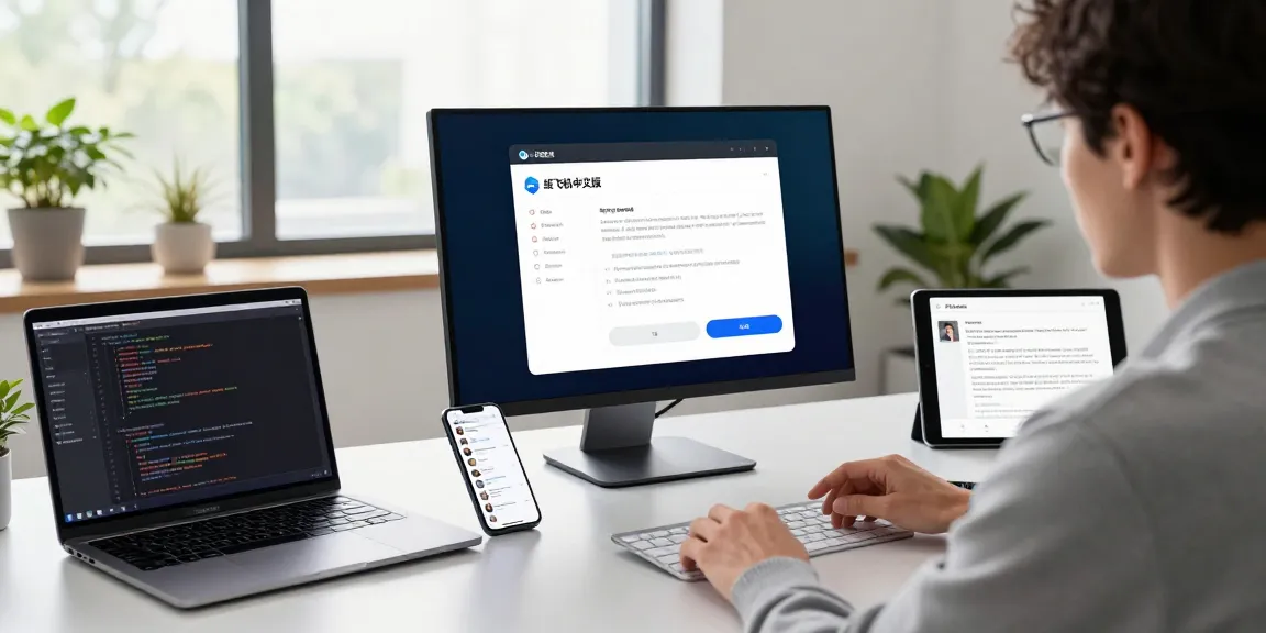 Professional workspace showcasing the 纸飞机中文版 app on a touchscreen, embodying digital communication innovation in 2026.
