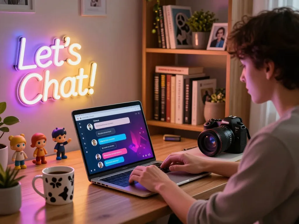 Engaging NSFW AI chat on a stylish laptop in a cozy home office.